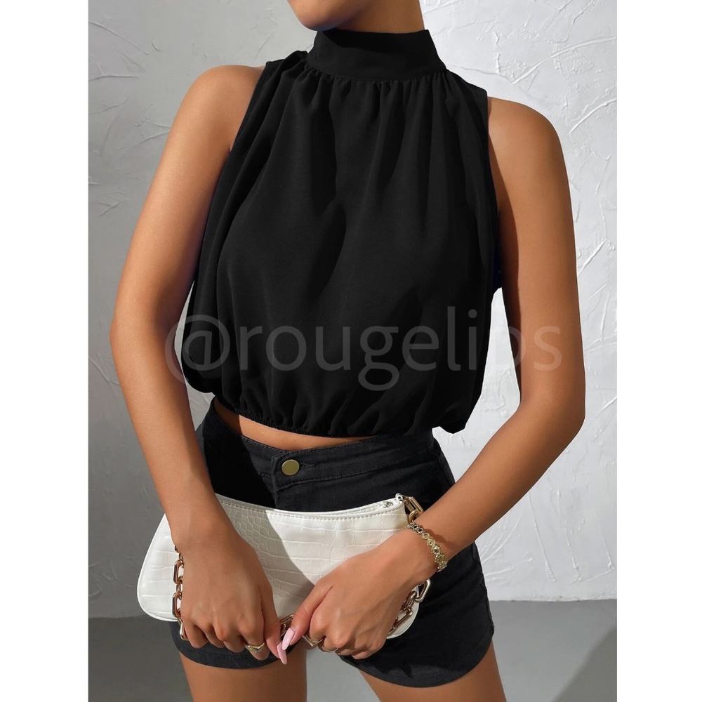 Black Crop Tulip Top High Neck Ties - Picture 6 of 9